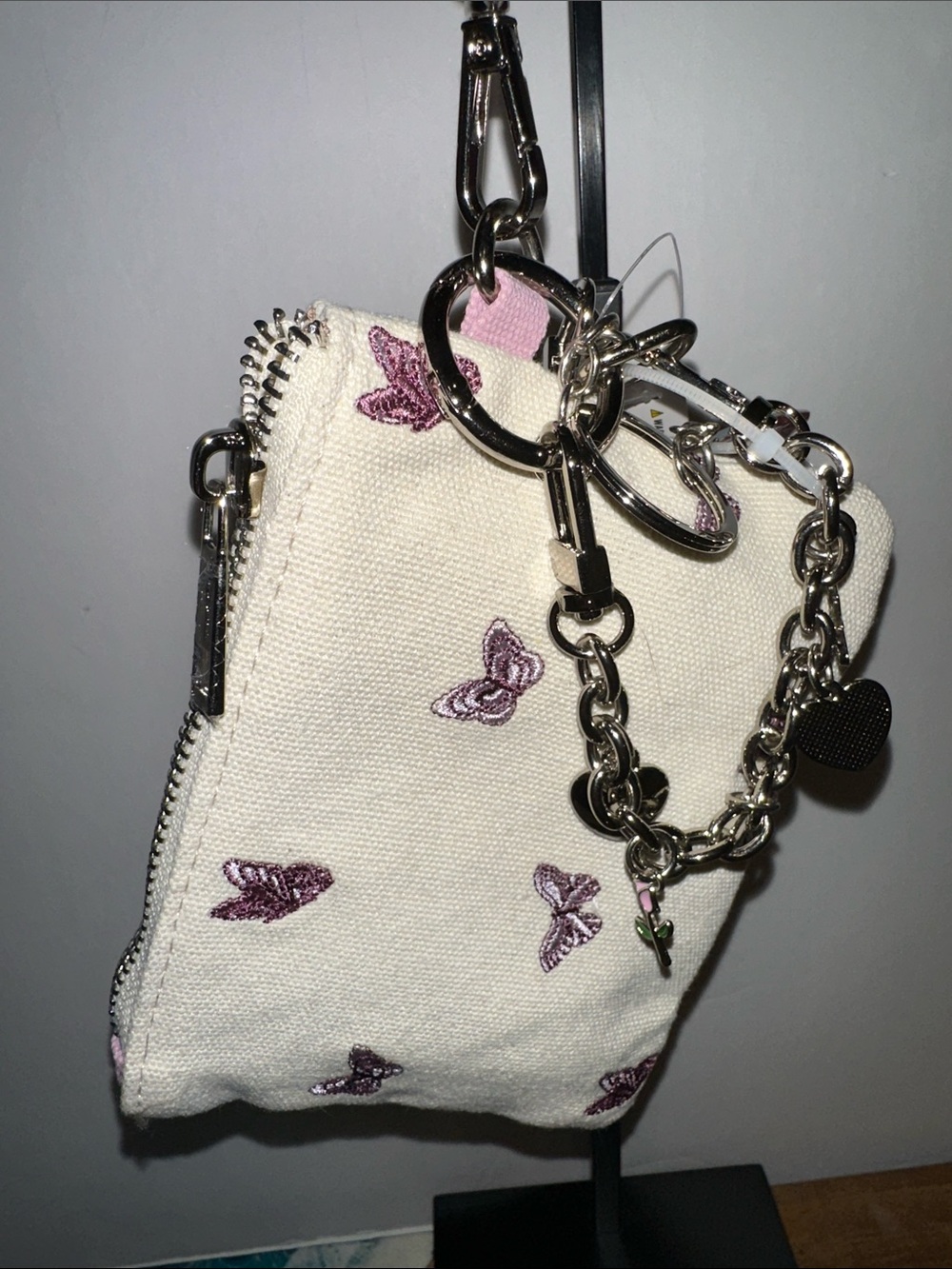 Plush Beige Teddy Keychain with Pink Bow and Charm Accent - Picture 2 of 3